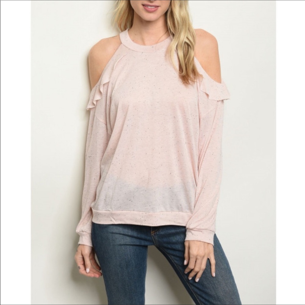 NWT Peach Ruffle Semi Sheer Cold Shoulder Top SML
